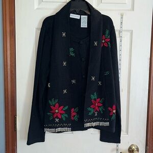 RARE! VTG-white stag-black-L-Christmas embroidered poinsettia cardigan sweater.
